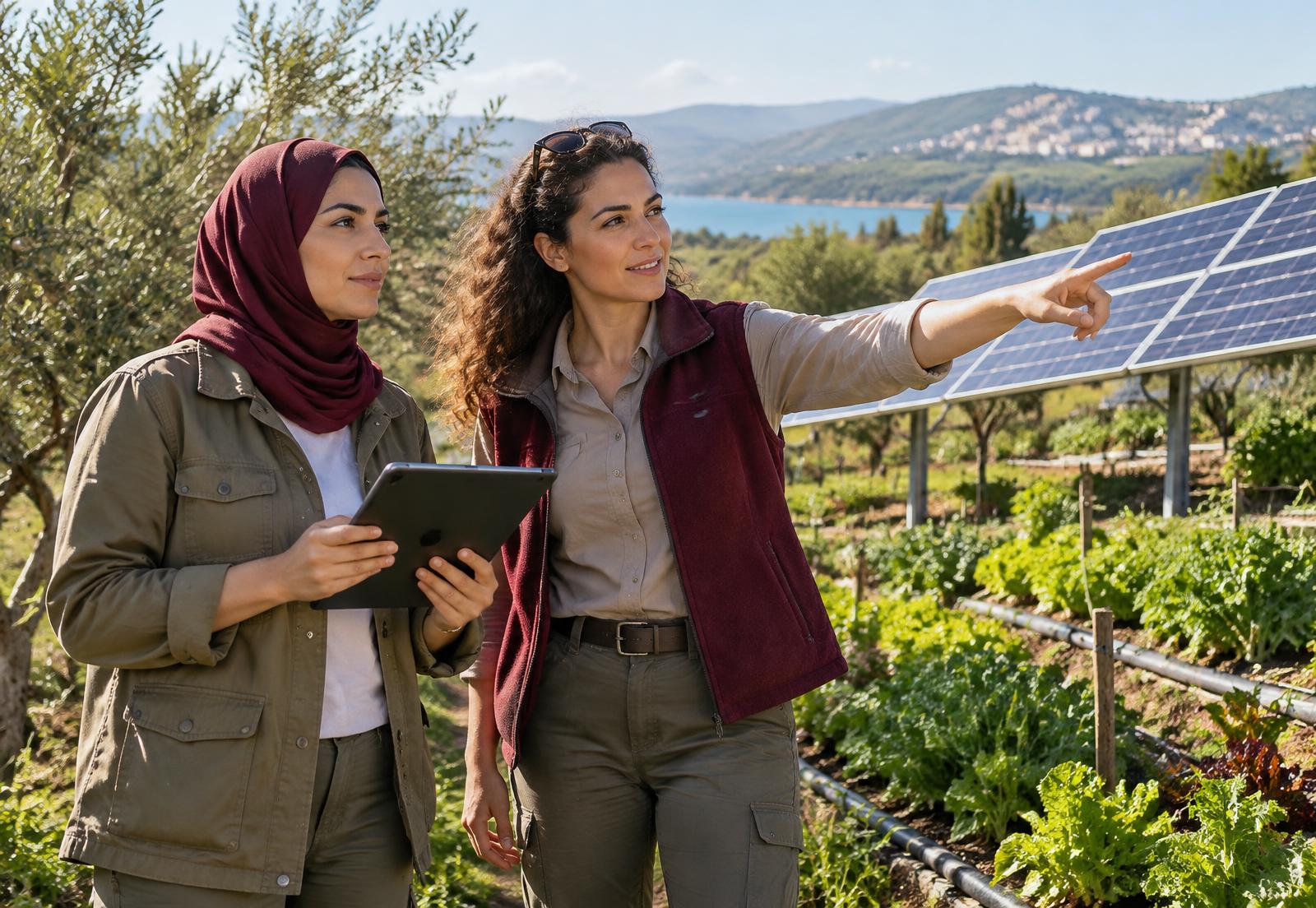 Women climate entrepreneurs inspecting solar-powered agriculture in the field